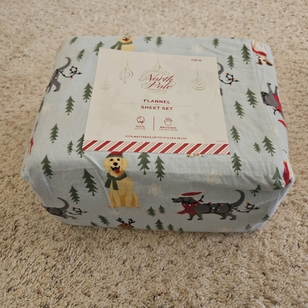North Pole Flannel Sheet Set with Dog and Christmas Tree Print 3 Pc
